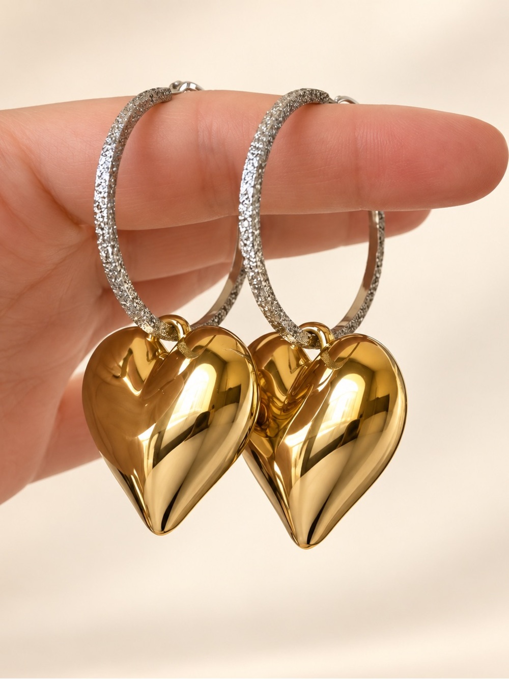 Chunky Gold Heart Hoop Earrings with Silver Glitter Hoops